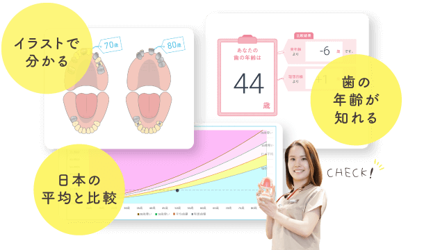 イラストで分かる、歯の年齢が知れる、日本の平均と比較